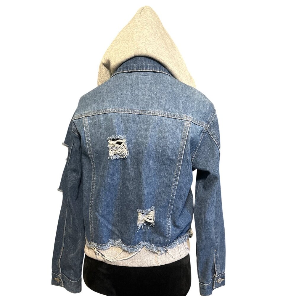 Distressed Denim Jacket With Gray Hoodie Layer By Thrill Jeans Medium Size Casua - Picture 3 of 5